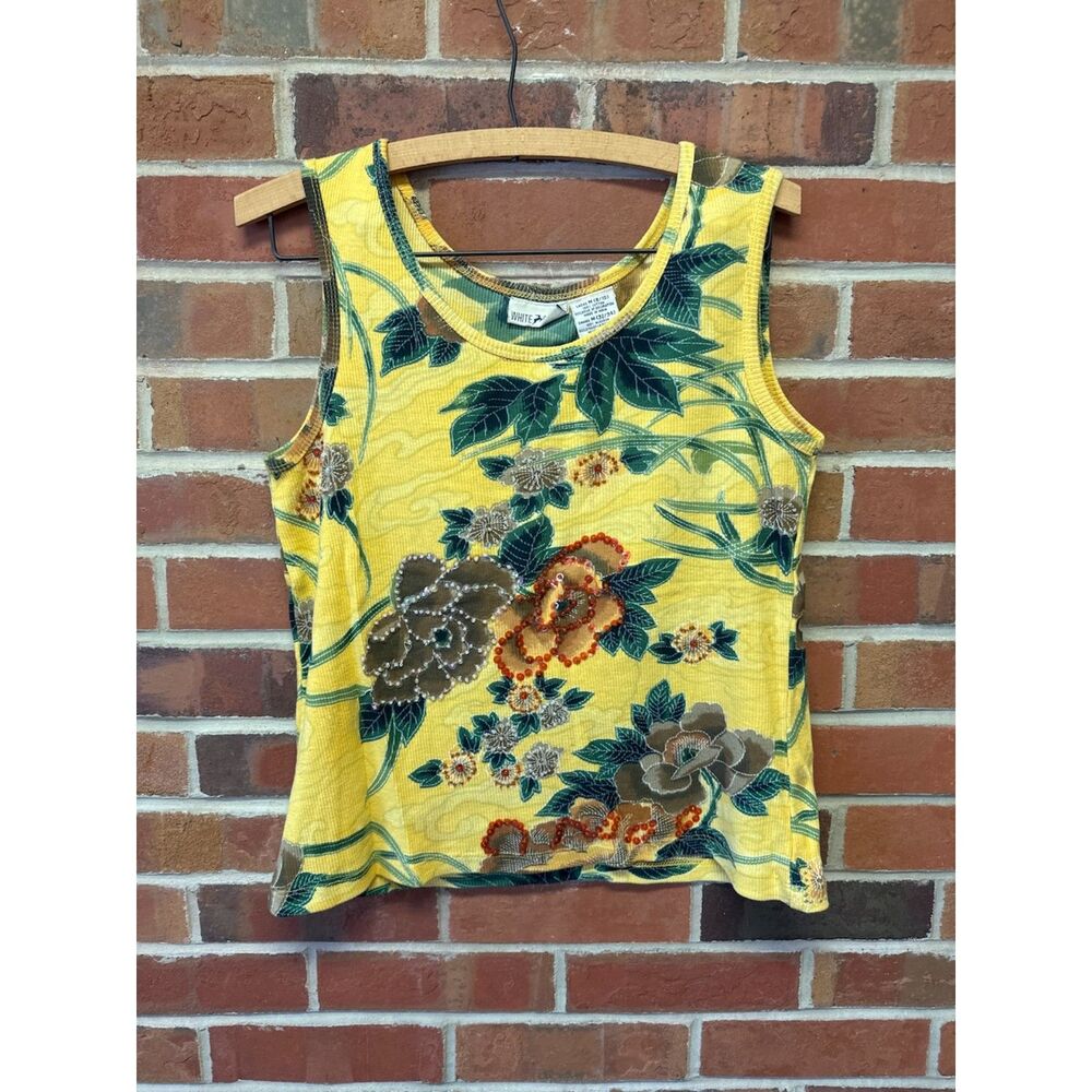 White Stag Floral Beaded Tank Top Yellow Y2K Cottagecore M